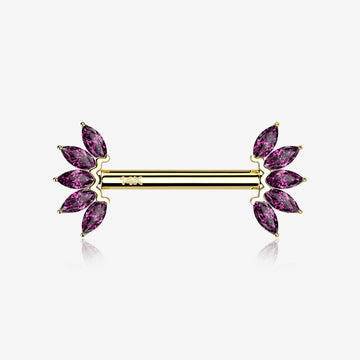 A Pair of 14 Karat Gold OneFit Threadless Marquise Sparkle Floral Nipple Barbell-Red